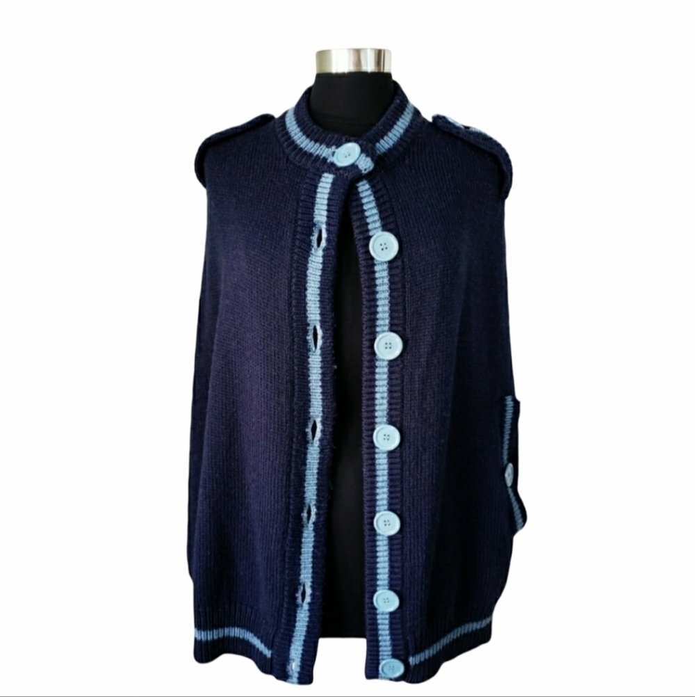 Marc Jacobs Navy Wool Knit Cape Poncho Sweater Contrast Trim Button Preppy M - Picture 2 of 5